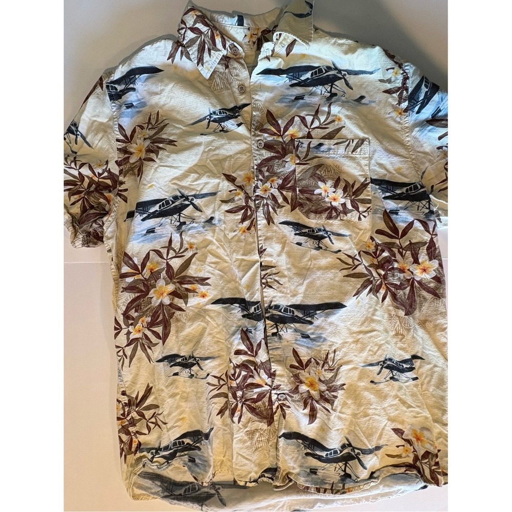 Vintage Men L Hawaiian Shirt Seaplane Plumeria Floral Aloha Camp Desert Gorpcore
